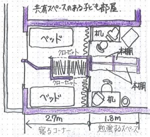 共有スペースのある子ども部屋平面